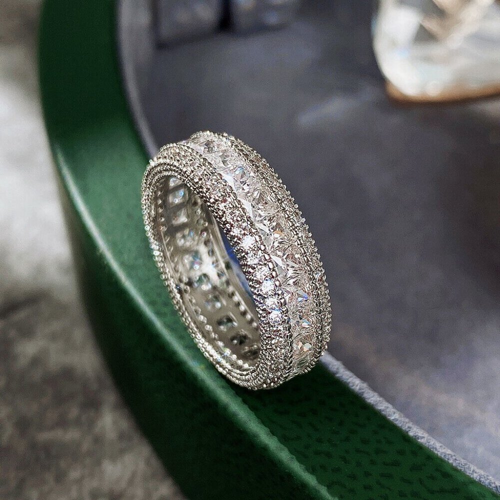 925 Sterling Silver Diamond Eternity Ring Band Wedding Statement Ring - Picture 4 of 7